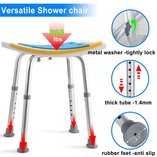 Musment Shower Chair Bath Seat with 2Pack Shower Grab Bars, Height Adjustable, Supports up to 265 lbs., White