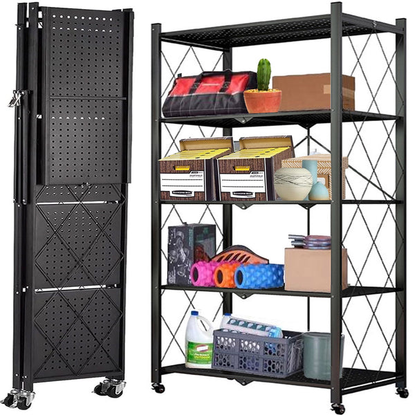 6-Tier Storage Shelf Foldable Metal Shelving Units with Wheels, Black