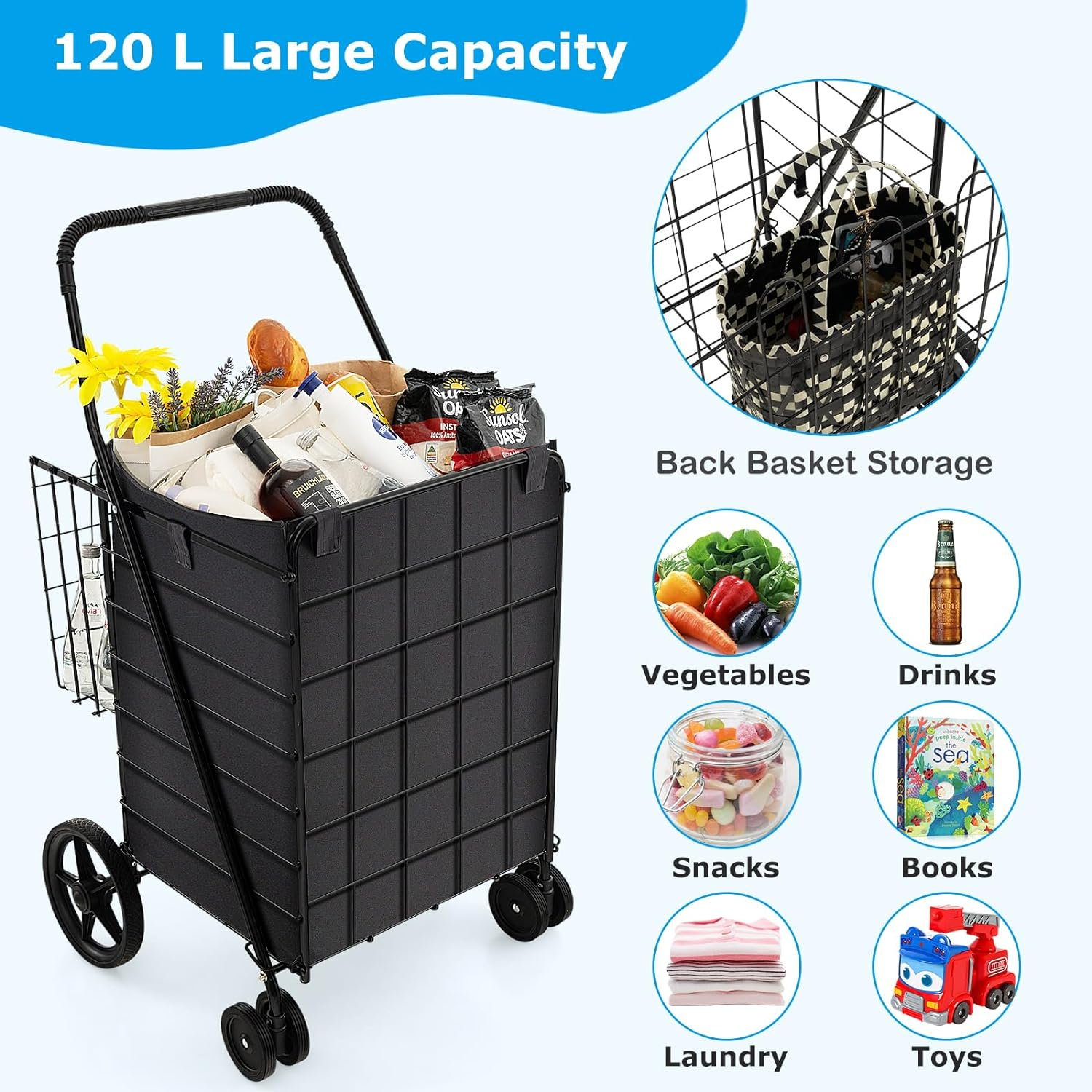 Folding Shopping Cart Jumbo Basket Grocery Laundry Travel w/ Swivel Wheels, Black