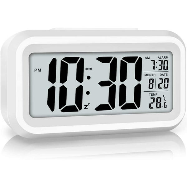 Alarm Clock for Bedrooms, Smart Night Light, Battery Operated Small Easy Desk Bedside Gifts Clock-White