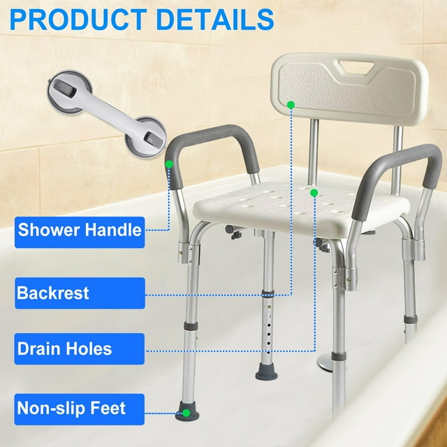 Shower Chair Bath Chair with Back and Shower Grab Bar, Shower Stool Height Adjustable, Supports up to 350 lbs., White