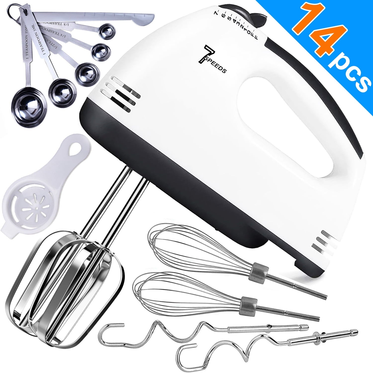 7 Speed Electric Hand Mixer for Kitchen, Blender Quick Burst with 6 Stainless Steel Accessories, 6 Measuring Spoons, 1 Egg Separator for Easy Whipping Dough,Cream,Baking Cake Egg Cream Food Beater