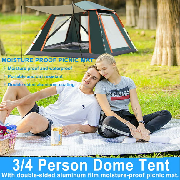 Camping Tent, 3/4 Person Dome Tent with Moisture Proof Picnic Mat, Easy Setup, Waterproof, Spacious, Lightweight Portable Backpacking Tent for Outdoor Camping/Hiking