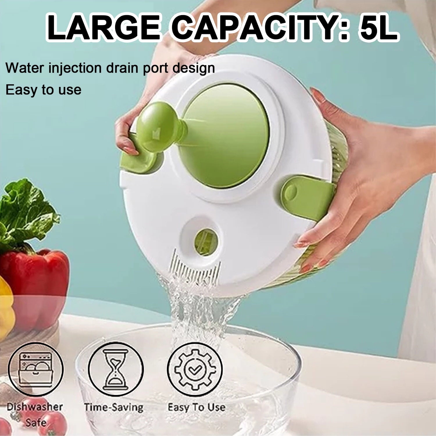 Salad Spinner Large 5L Capacity, Spin & Dry Lettuce Salad Fruits & Vegetables Spinner with Secure Lid Lock & Rotary Handle Veggie Dryer Set for Kitchen Tools，Green