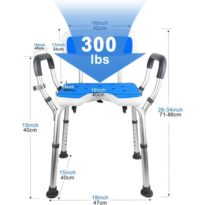 Shower Chair Bath Seat with Back and Padded Armrests,6 Height Adjustable, Supports up to 350 lbs, White