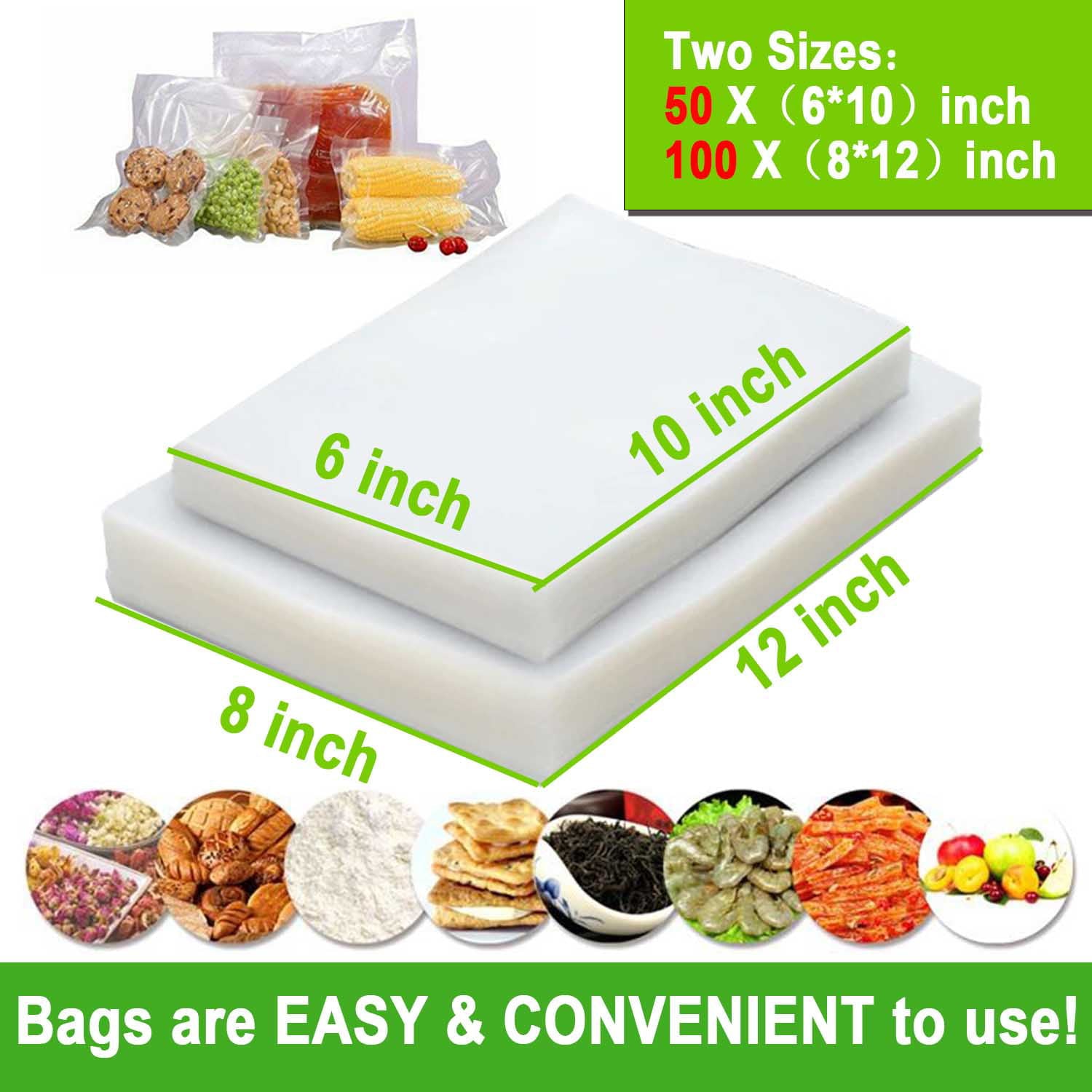 Vacuum Sealer Bags, Food Vac Bags for Storage, Vacuum Sealer Bags, Heavy Duty, Vac Seal storage ,Meal Prep or Sous Vide 100 Quart 8" x 12" and 50 Quart 6" x 10"