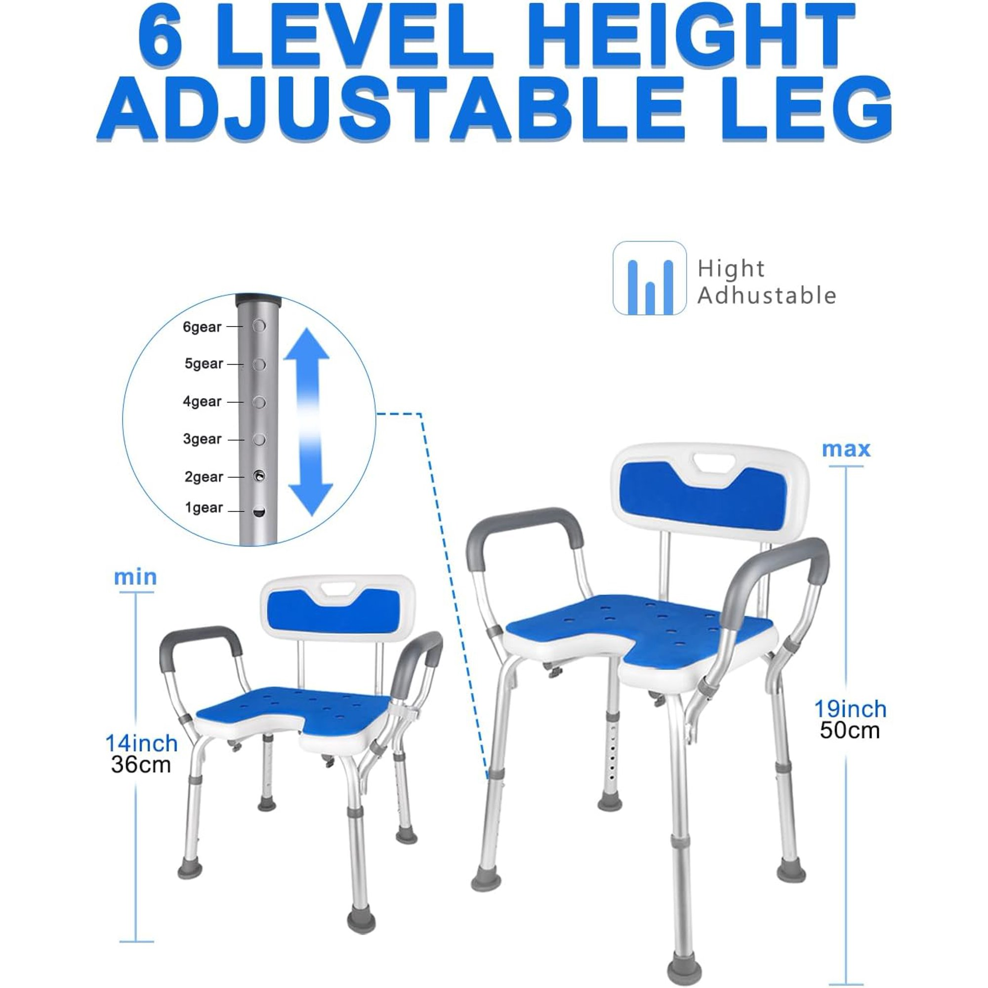 Shower Chair Bath Seat with Back and Padded Armrests,6 Height Adjustable, Supports up to 350 lbs, White