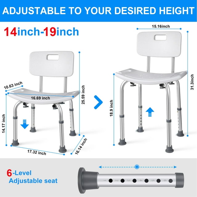 Musment Bath Shower Chair Shower Stool with Shower Grab Bar, Height Adjustable Bath Bench, Support 350 lbs for Seniors, Elderly, Disabled, White