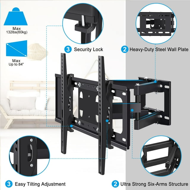 Musment Full Motion TV Wall Mount for 32-75 Inch TVs with 8K HDMI Cable,Universal TV Mount with Swivels and Tilts Hold up to 100lbs, VESA 600x400mm ,Black