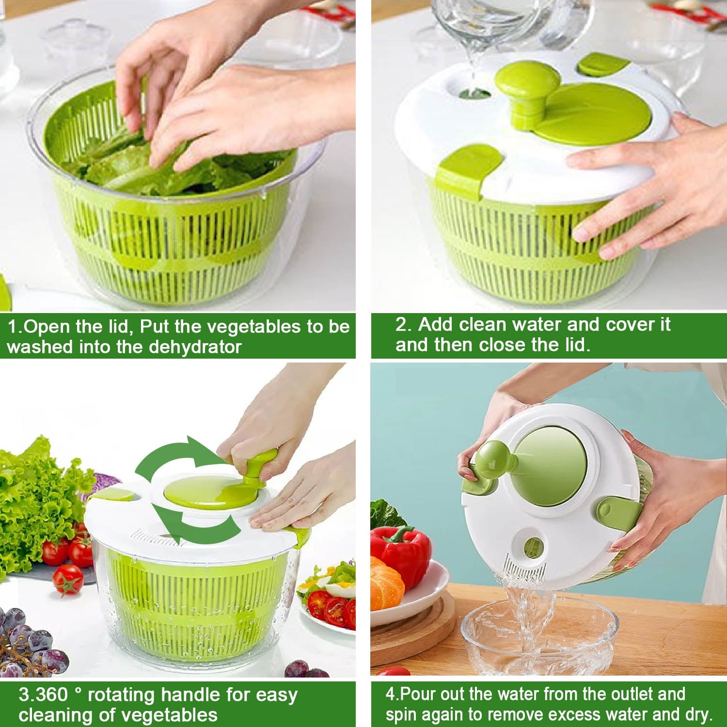 Salad Spinner Large 5L Capacity, Spin & Dry Lettuce Salad Fruits & Vegetables Spinner with Secure Lid Lock & Rotary Handle Veggie Dryer Set for Kitchen Tools，Green