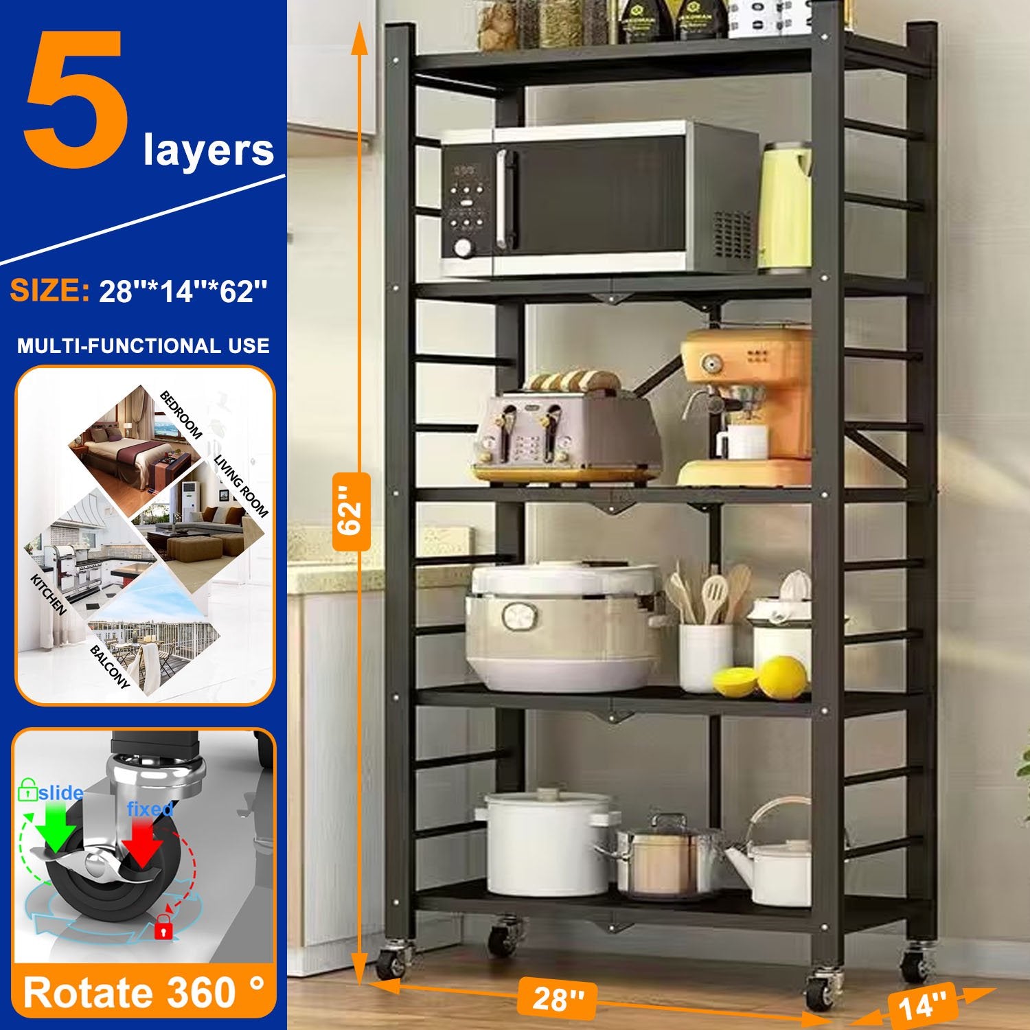 5-Tier Storage Shelving Unit, Foldable Storage Shelves Wire Shelving Unit Adjsutable Shelf Heavy Metal Shelf, 397lbs Capacity Free Standing Racks Organization