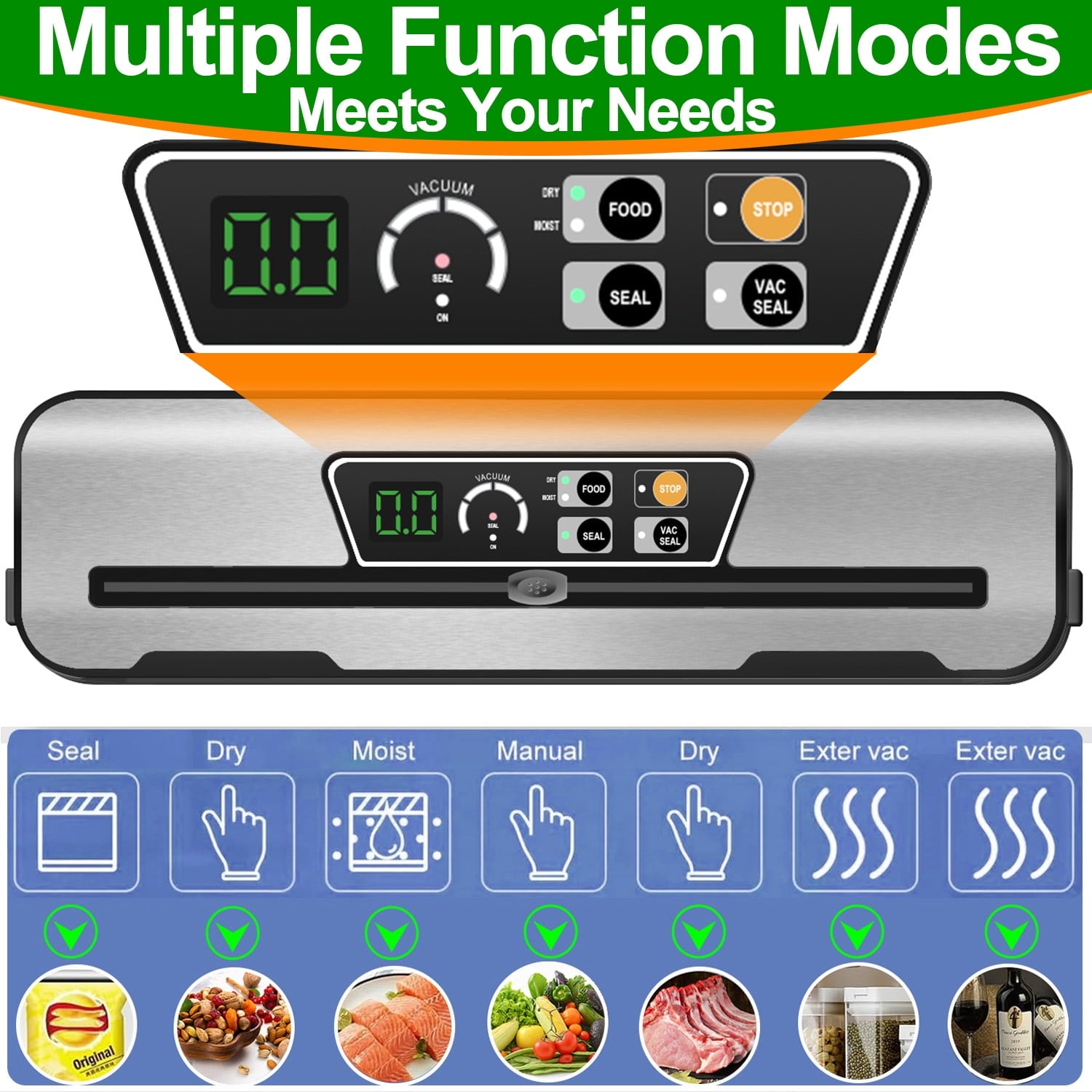 Food Vacuum Sealer Machine with 2 Rolls Food Vacuum Sealer Bags, Food Storage Saver Dry & Moist Food Modes, Led Indicator Lights, Easy to Clean