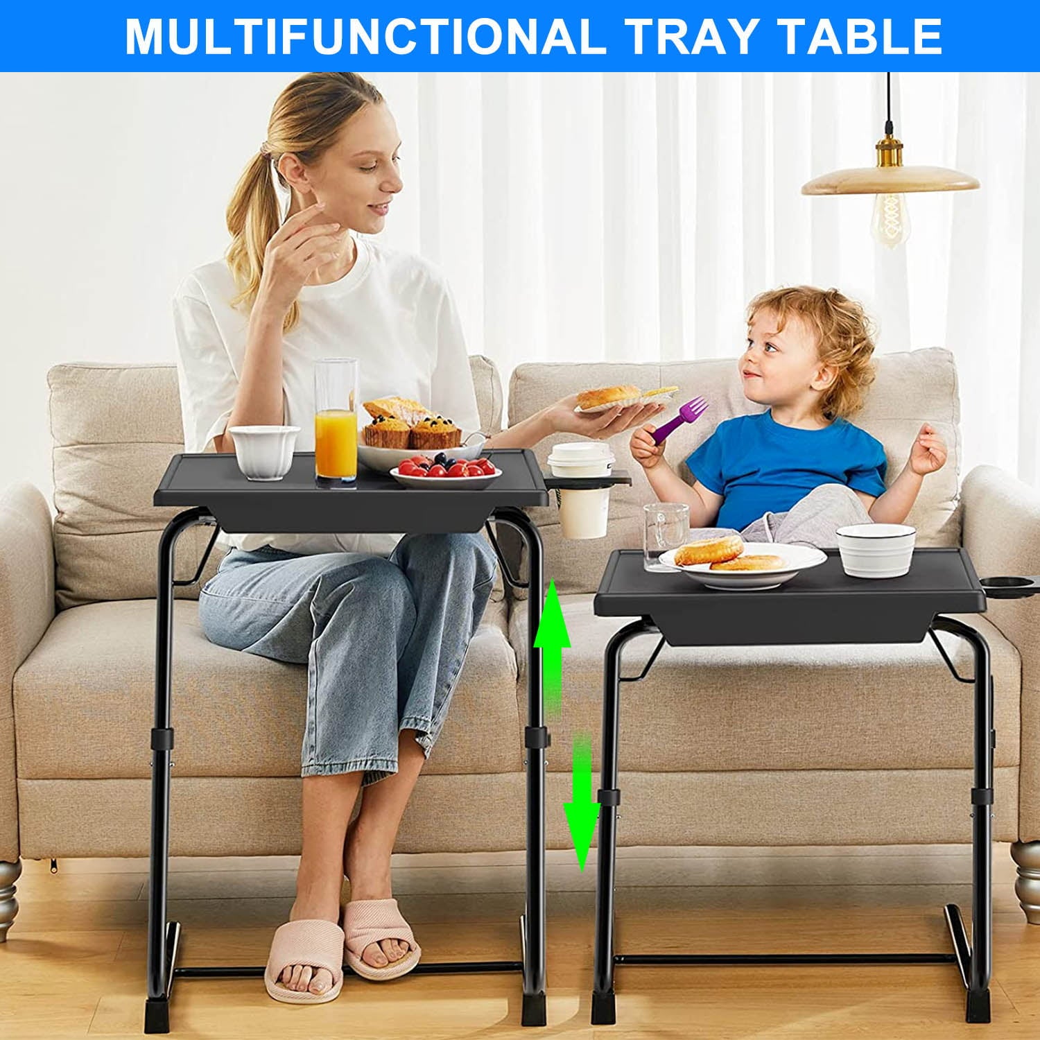 TV Tray Table, Adjustable TV Tray Tables with Laptop Stand, Folding Table Trays, w/6 Height & 3 Tilt Angle, w/Cup Holder, Multifunctional TV Table Tray for Eating & Reading for Eating on Couch, Laptop