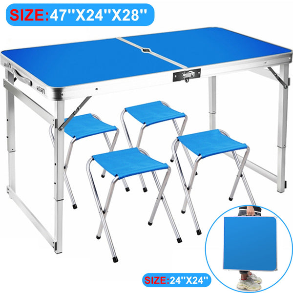 Camping Folding Table, Adjustable Height Folding Table, Heavy Duty Durable Folding Table, Fold in Half with Carrying Handle, Lightweight and Portable, Card Table with 4 Chairs