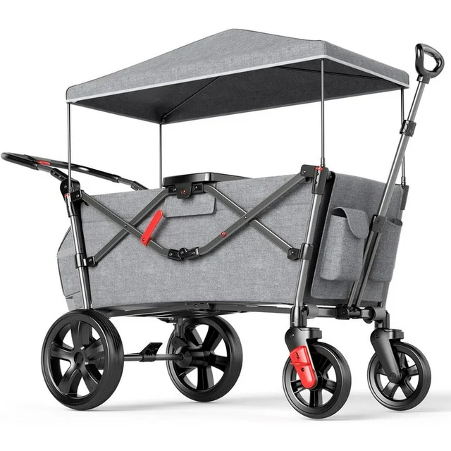 330lbs Beach Wagon Cart, 220L Collapsible Wagon, Heavy Duty Foldable Wagon, Utility Fold Wagon Cart with Big Wheel & Drink Holders for Garden, Camping, Sport, Shopping