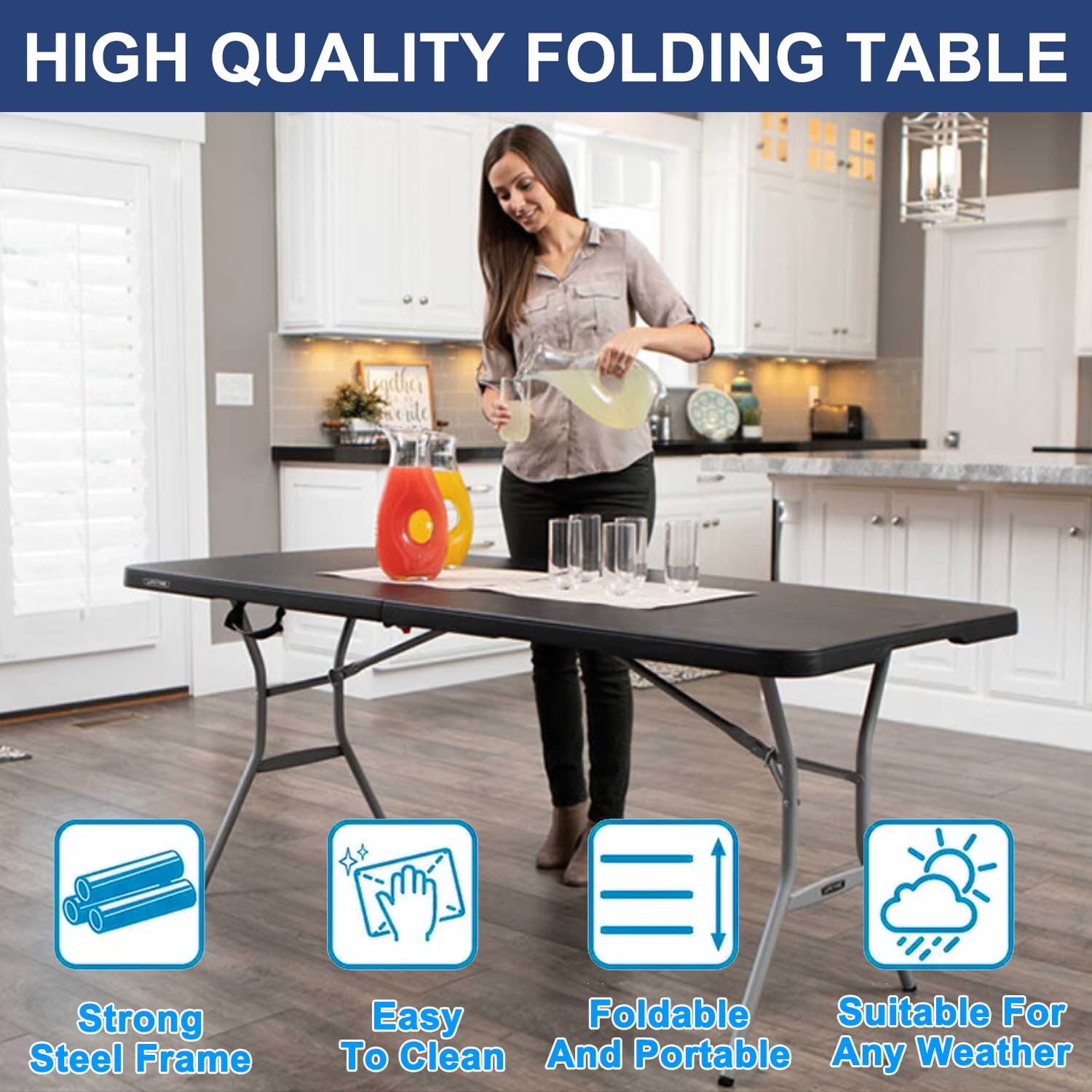 GAZILY 6ft Folding Table Portable Plastic Indoor Outdoor Picnic Party Dining Camping Tables, Black