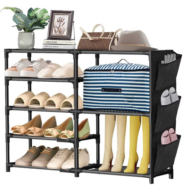 HKEEY Shoe Rack Storage Organizer, 5-Tier Durable Metal Shoe Rack with Side Hanging Pockets, Stackable Boots Shelf Organizer for 12-16 Pairs Shoes, Space Saving Shoe Cabinet