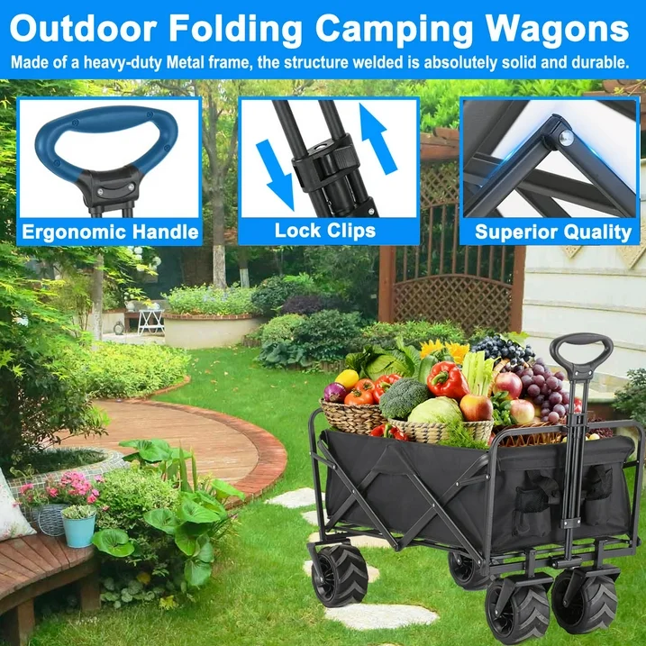 Collapsible Folding Wagon Cart, Heavy Duty Foldable Wagon Cart, 350 LBS Large Capacity Garden Wagon Cart with All-Terrain Wheels,Utility Cart for Grocery, Garden, Shopping, Camping, Outdoor, Beach