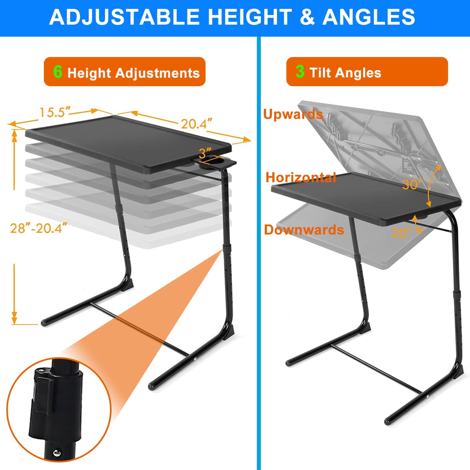 TV Tray Table, Adjustable TV Tray Tables with Laptop Stand, Folding Table Trays, w/6 Height & 3 Tilt Angle, w/Cup Holder, Multifunctional TV Table Tray for Eating & Reading for Eating on Couch, Laptop