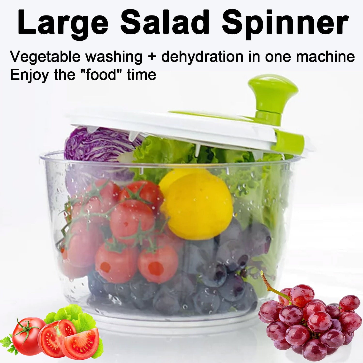 Salad Spinner Large 5L Capacity, Spin & Dry Lettuce Salad Fruits & Vegetables Spinner with Secure Lid Lock & Rotary Handle Veggie Dryer Set for Kitchen Tools，Green