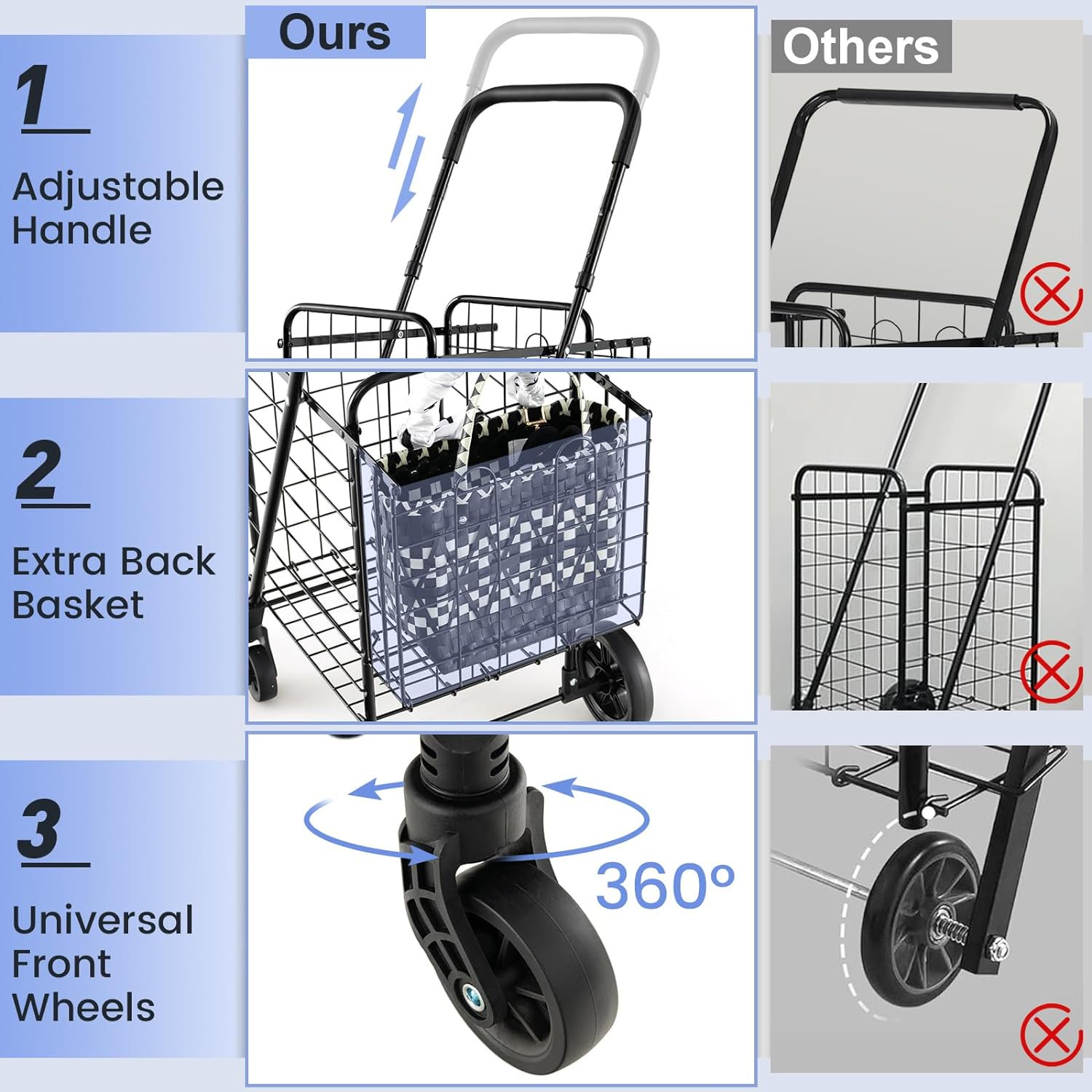 Folding Shopping Cart Jumbo Basket Rolling Utility Trolley Adjustable Handle New