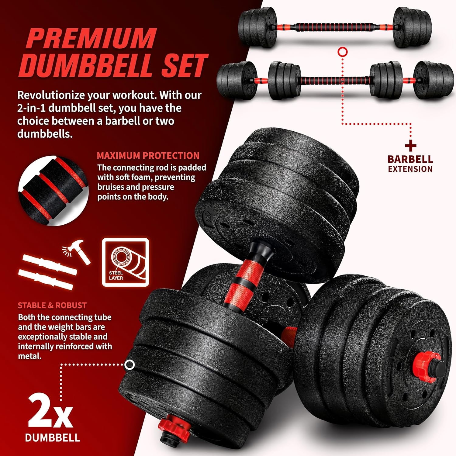 Adjustable Dumbbells Set 20KG/44LBS 4-in-1 Free Weight Barbell for Men Women, Non Rolling Home Gym Bodybuilding Fitness Weightlifting Dumbbells Weights Training