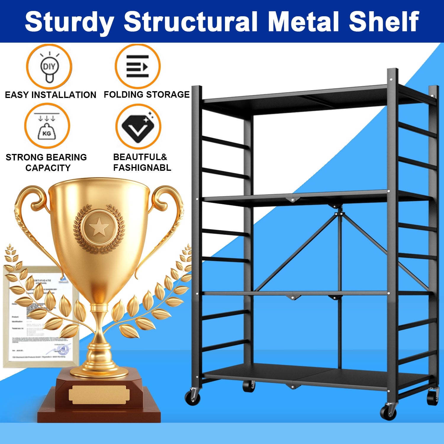 GAZILY 4-Tier Foldable Storage Shelf, Heavy Duty Metal Shelf, Kitchen Shelf, Garage Shelf with Lockable Wheels &3 Hooks- No Assemble Require