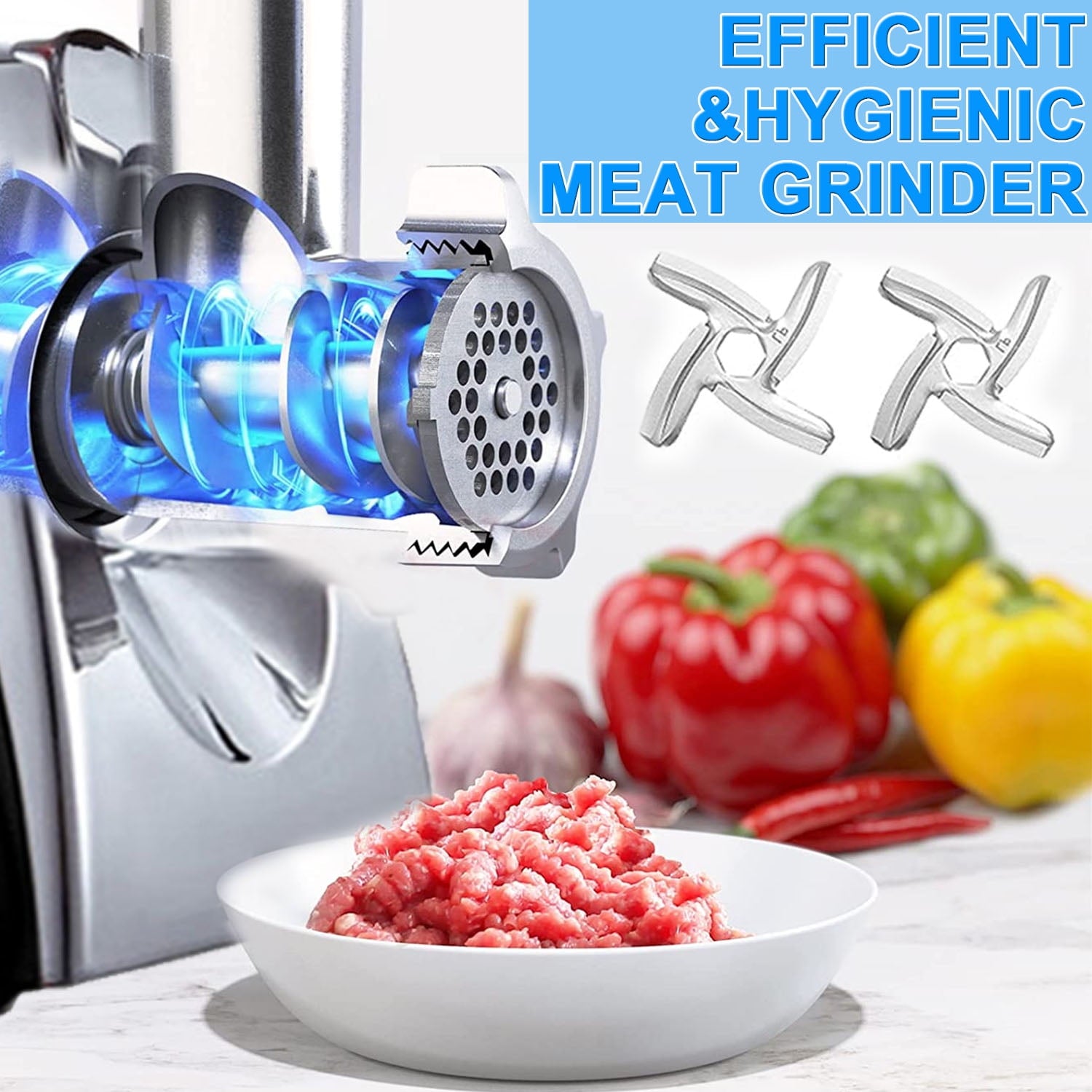 Electric Meat Grinder, Heavy Duty Meat Mincer, Stainless Steel Cutting 2 Blade and 3 Grinding Plates，Meat Grinder for Home Kitchen & Commercial Using