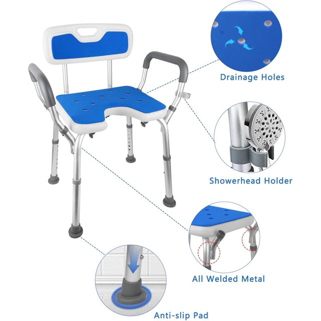 Shower Chair Bath Seat with Back and Padded Armrests,6 Height Adjustable, Supports up to 350 lbs, White