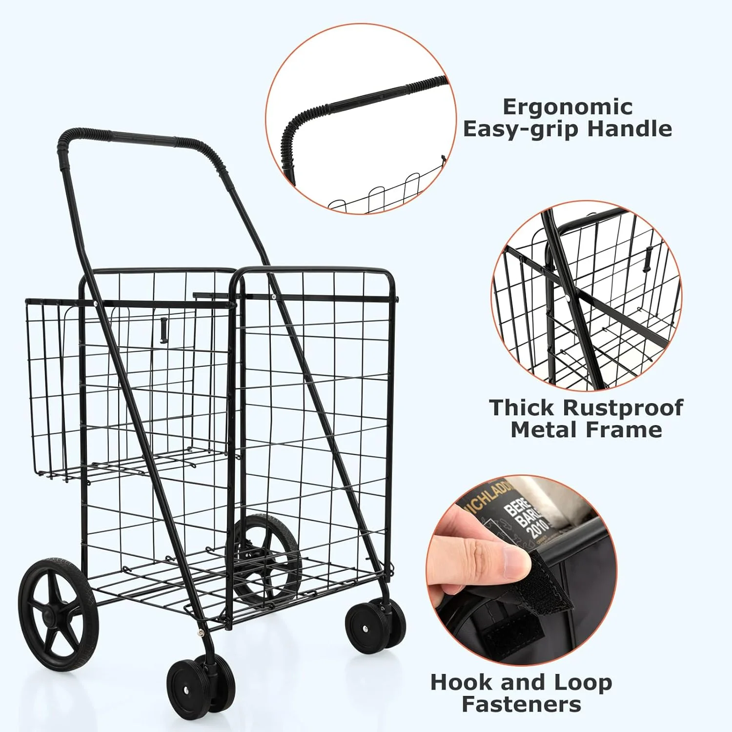 Folding Shopping Cart Jumbo Basket Grocery Laundry Travel w/ Swivel Wheels, Black