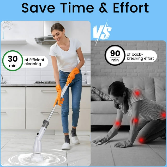 Musment Electric Spin Scrubber , Cordless Cleaning Brush with 4 Heads & Extension Handle Power Shower Scrubber for Bathroom Kitchen Tile Floor