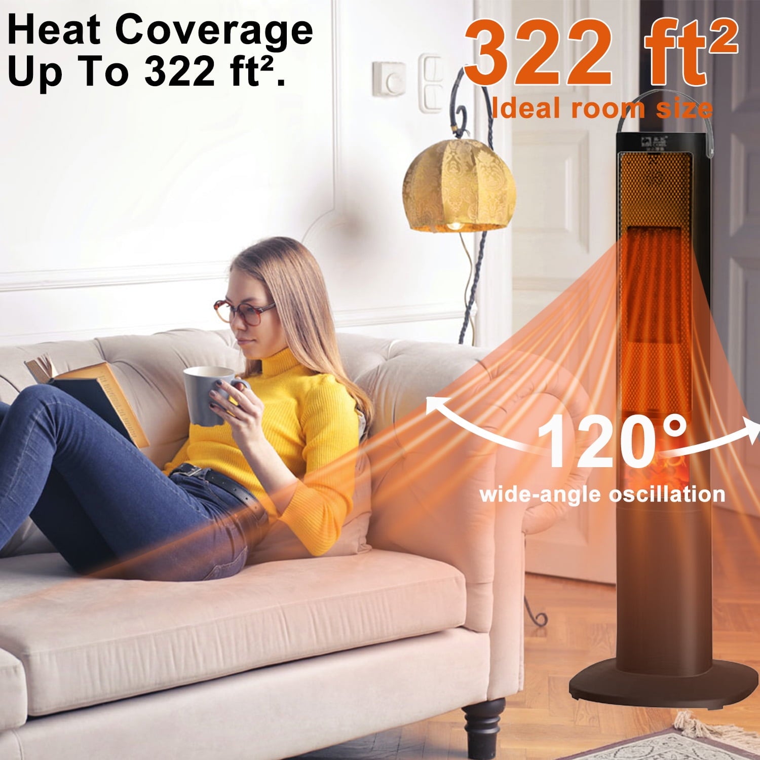 37" 1500W Oscillating Ceramic Tower Space Heater with Remote, Black