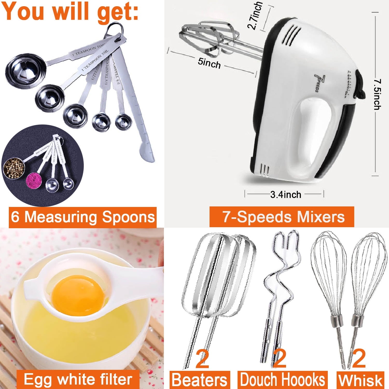 7 Speed Electric Hand Mixer for Kitchen, Blender Quick Burst with 6 Stainless Steel Accessories, 6 Measuring Spoons, 1 Egg Separator for Easy Whipping Dough,Cream,Baking Cake Egg Cream Food Beater