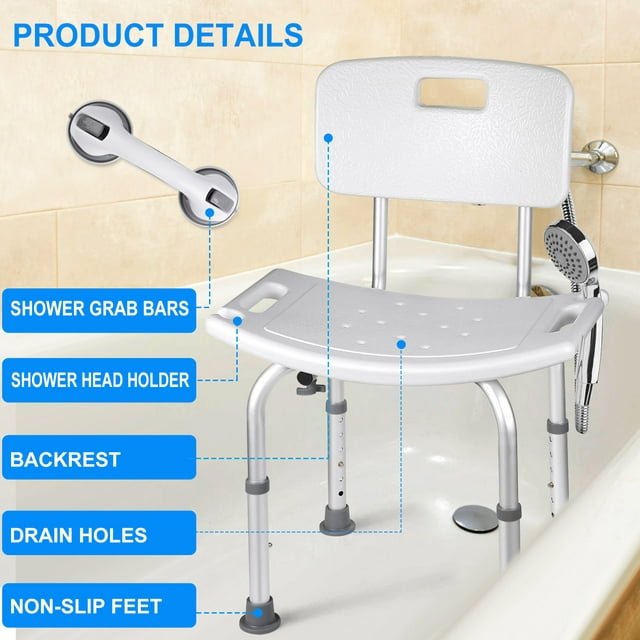 Musment Bath Shower Chair Shower Stool with Shower Grab Bar, Height Adjustable Bath Bench, Support 350 lbs for Seniors, Elderly, Disabled, White