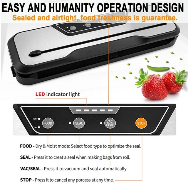 HKEEY Food Vacuum Sealer Machine with 2 Rolls Food Vacuum Sealer Bags ，Food Storage Saver Dry & Moist Food Modes, Led Indicator Lights