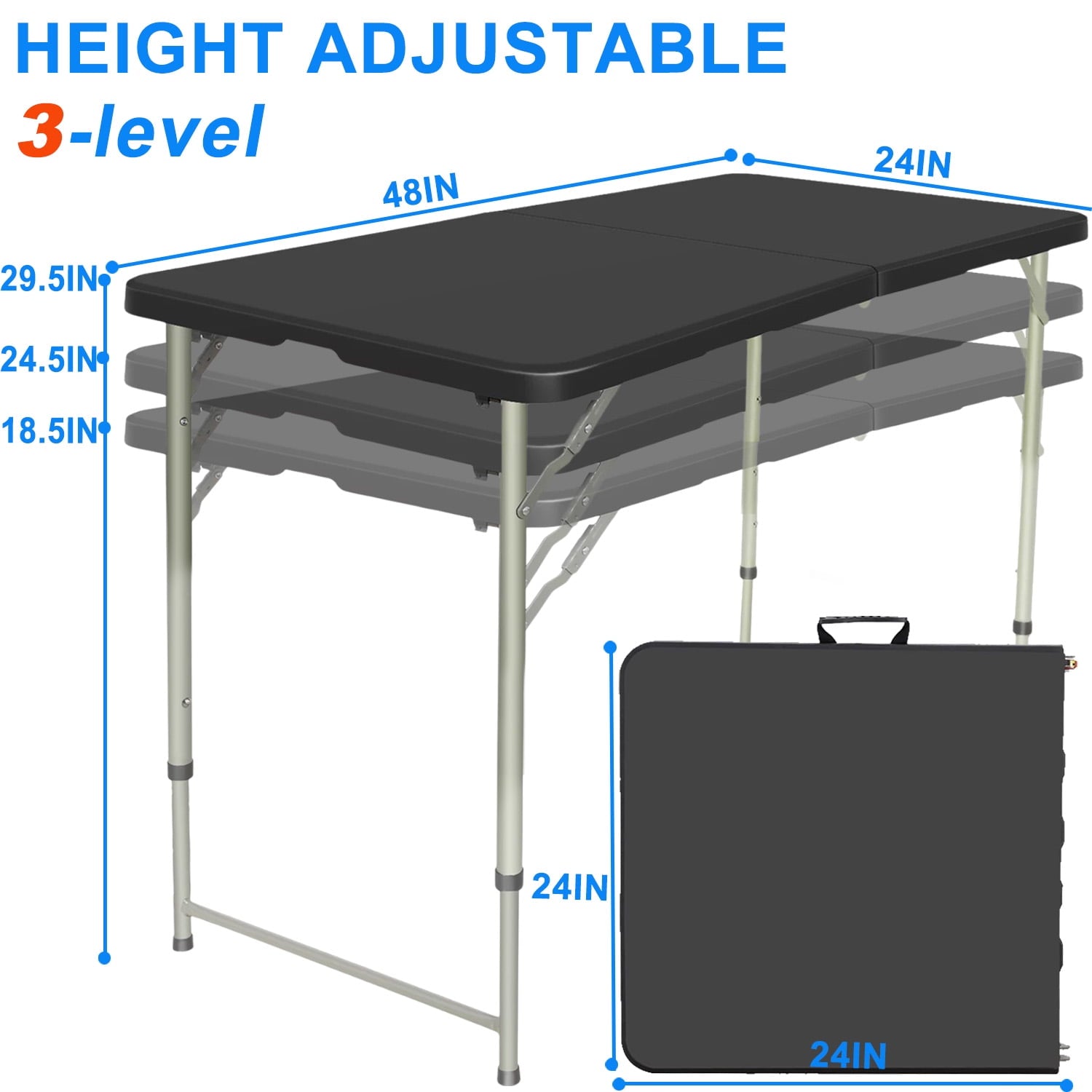 Musment 4 Foot Fold-in-Half Adjustable Folding Table,Black