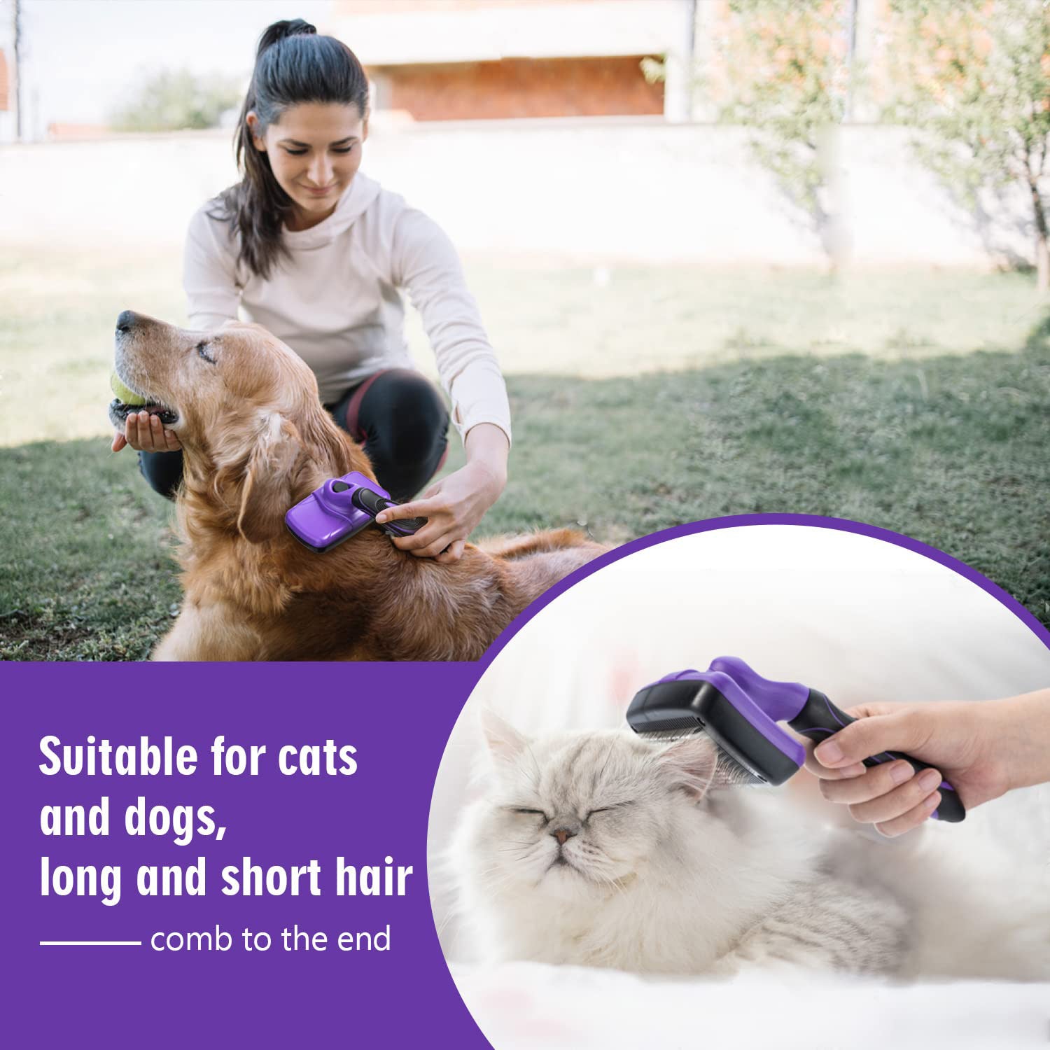 Dog Brush & Cat Brush - Self Cleaning Slicker Brush + Comb included, for Shedding and Grooming Loose Undercoat, Mats - for Small, Medium & Large Dogs and Cats with Short to Long Hair, Purple