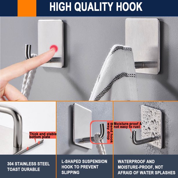 HKEEY Adhesive Towel Hooks Wall Hooks, Bathroom Wall Aluminum Hooks (4 Pack )