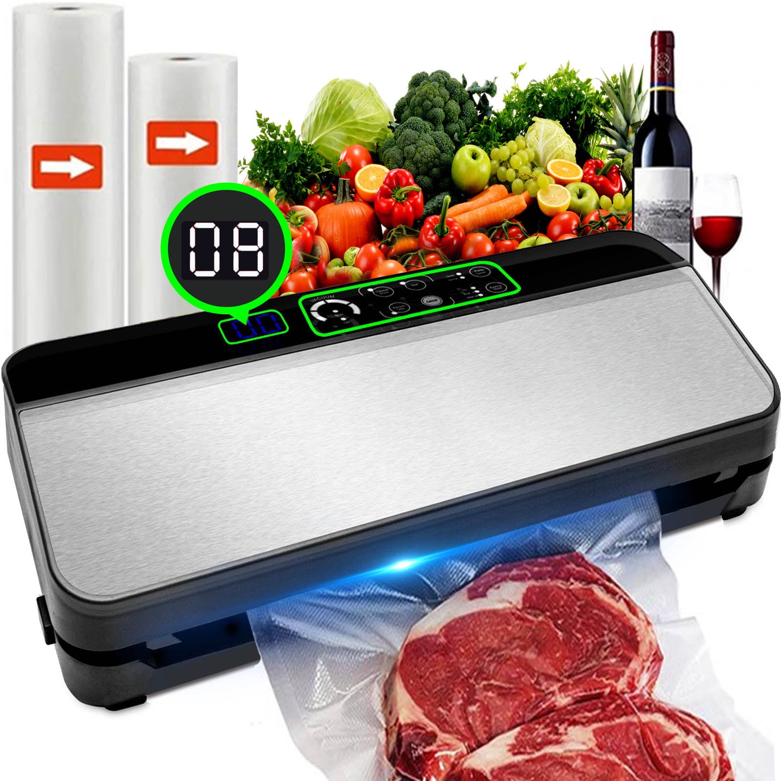 HKEEY Food Saver Vacuum Sealer Machine with 2 Rolls Food Vacuum Sealer  Bags，Dry & Moist Food Modes, Led Indicator Lights, Easy to Clean, Compact