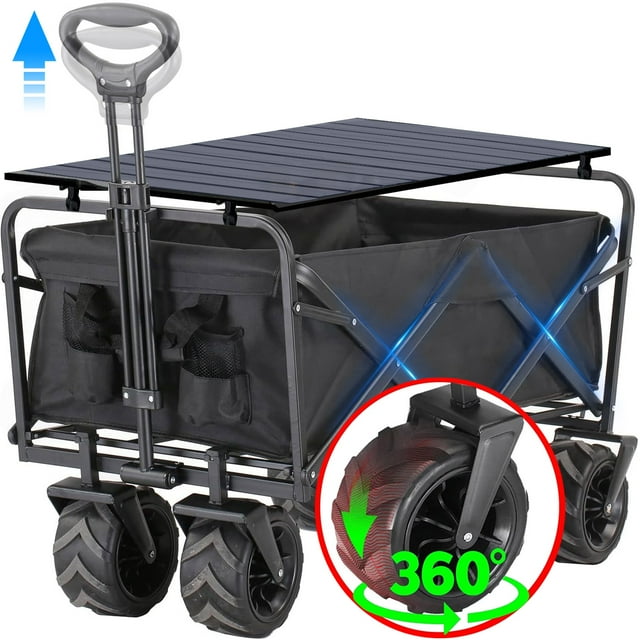 Collapsible Folding Wagon,Heavy Duty Wagon Cart Foldable with Aluminum Table Plate and Extra Pocket / Storage Bag,Utility Garden Carts for Camping Shopping Sports