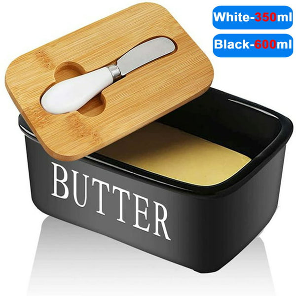 HKEEY Butter Dish, Ceramics Butter Dish with Lid and Knife, Natural Bamboo Lid & High- Quality Silicone Airtight Butter Keeper, Kitchen Butter Container, Perfect for 2 Sticks of Butter(600ML)