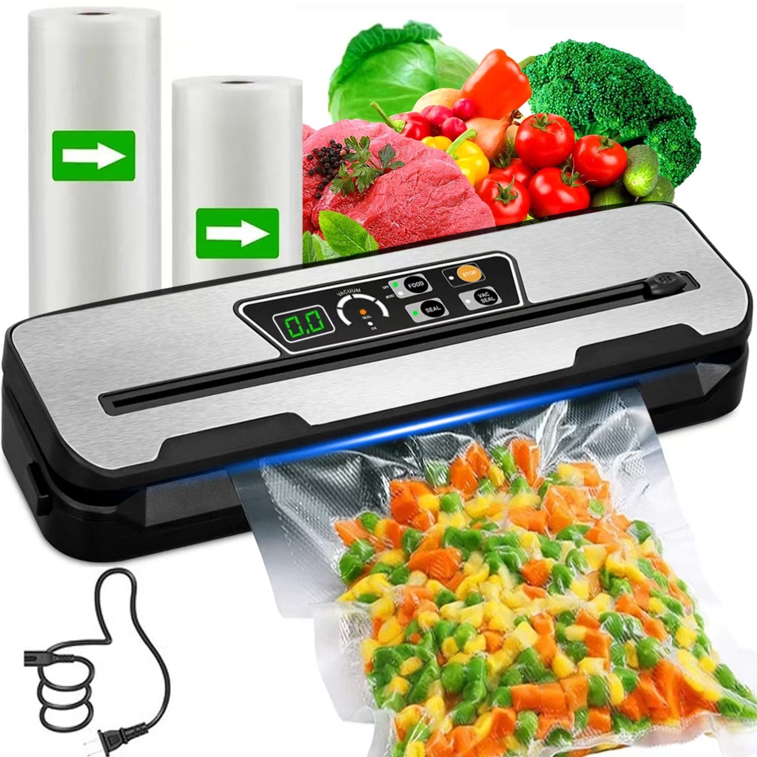 Food Vacuum Sealer Machine with 2 Rolls Food Vacuum Sealer Bags, Food Storage Saver Dry & Moist Food Modes, Led Indicator Lights, Easy to Clean