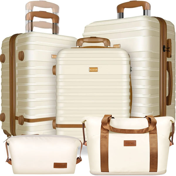 GAZILY 5 Piece Luggage Sets and Travel Duffel Bag, ABS Hardshell Lightweight Suitcase with TSA Lock Double Spinner Wheels, Ivory White