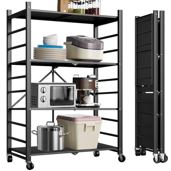 GAZILY 4-Tier Foldable Storage Shelf, Heavy Duty Metal Shelf, Kitchen Shelf, Garage Shelf with Lockable Wheels &3 Hooks- No Assemble Require