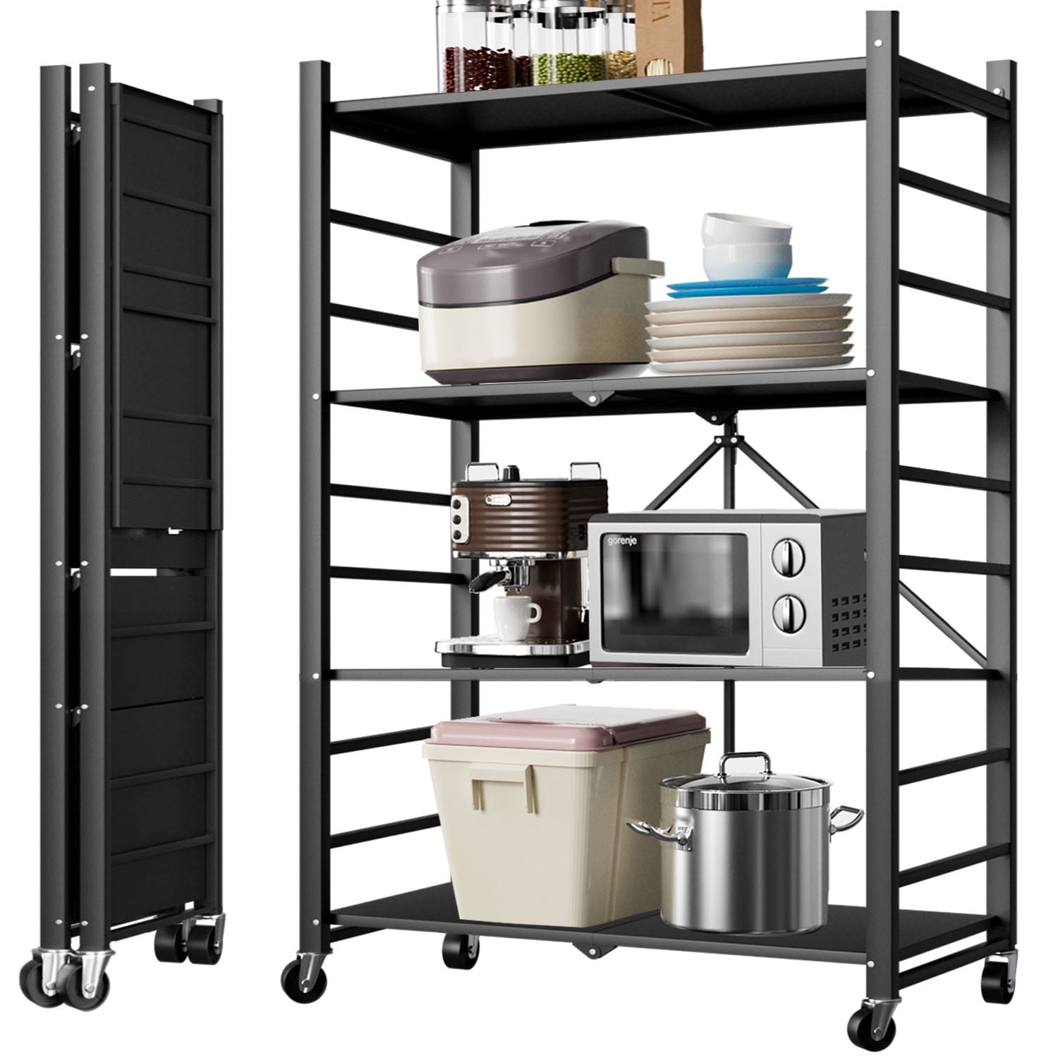 GAZILY 4-Tier Foldable Storage Shelving Unit, Heavy Duty Metal Storage Shelves with Lockable Wheels, Garage Shelf, Storage Rack with 4 Hooks for Garage,Kitchen,Closet Storage- No Assemble Require