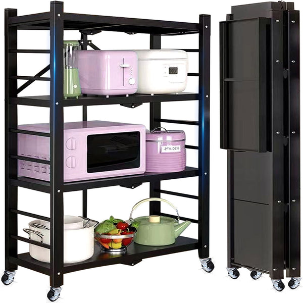 GAZILY 4-Tier Storage Shelf Rack, 250lbs Capacity Heavy Duty Metal Shelf , Foldable Storage Shelving Unit with Wheels, Garage Shelf, Metal Storage Rack, Kitchen Shelf , No Assemble Require