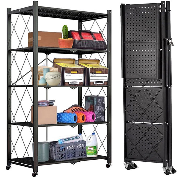 GAZILY 6 Tier Storage Shelves Foldable Metal Shelving Units Storage Racks with Lockable Wheels, Black