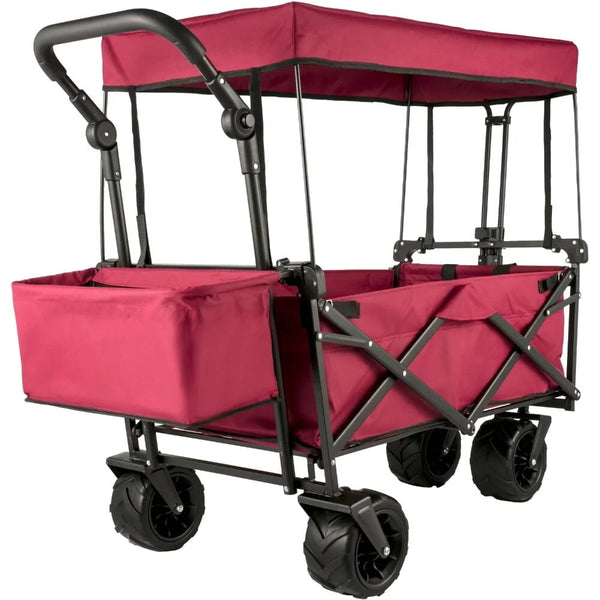 GAZILY Collapsible Wagon Cart Red, Foldable Wagon Cart Removable Canopy Oxford Cloth, Collapsible Wagon Oversized Wheel