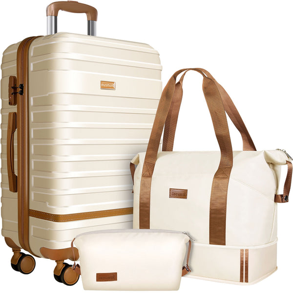 GAZILY Expandable Suitcase Set Luggage Sets, 20 inch Carry On Luggage with TSA Lock and Double Spinner Wheels,(Ivory White,3 PCS set )