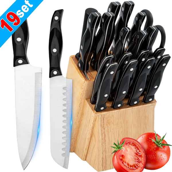 HKEEY Knife Sets, 19-Pieces German Stainless Steel Kitchen Knives Block Set with Built-in Sharpener, Lightweight and Strong, Dishwasher Safe, Silver